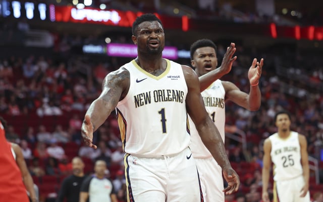 Mar 8, 2025; Houston, Texas, USA;  New Orleans Pelicans forward Zion Williamson (1) reacts after a play during the game against the Houston Rockets at Toyota Center. Mandatory Credit: Troy Taormina-Imagn Images/File Photo