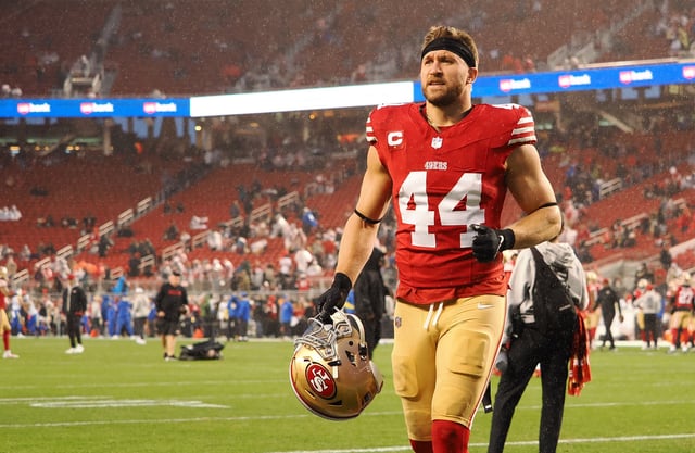 Dec 12, 2024; Santa Clara, California, USA; San Francisco 49ers fullback Kyle Juszczyk (44) on the field before the game against the Los Angeles Rams at Levi's Stadium. Mandatory Credit: Kelley L Cox-Imagn Images/File Photo