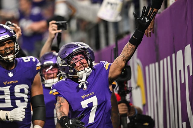 Nov 3, 2024; Minneapolis, Minnesota, USA; Minnesota Vikings cornerback Byron Murphy Jr. (7) reacts with the crowd after an interception off Indianapolis Colts quarterback Joe Flacco (not pictured) during the third quarter at U.S. Bank Stadium. Mandatory Credit: Jeffrey Becker-Imagn Images/File Photo