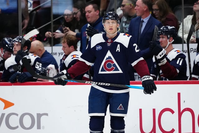 Mar 10, 2025; Denver, Colorado, USA; Colorado Avalanche center Nathan MacKinnon (29) during the second period against the Chicago Blackhawks at Ball Arena. Mandatory Credit: Ron Chenoy-Imagn Images
