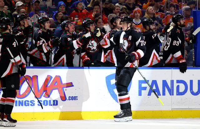 Mar 10, 2025; Buffalo, New York, USA;  Buffalo Sabres center Tage Thompson (72) celebrates his goal with teammates during the first period against the Edmonton Oilers at KeyBank Center. Mandatory Credit: Timothy T. Ludwig-Imagn Images/File Photo