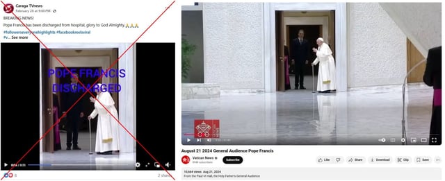 Screenshot comparison of the falsely shared video (left) and the Vatican News video from August 2024 (right)