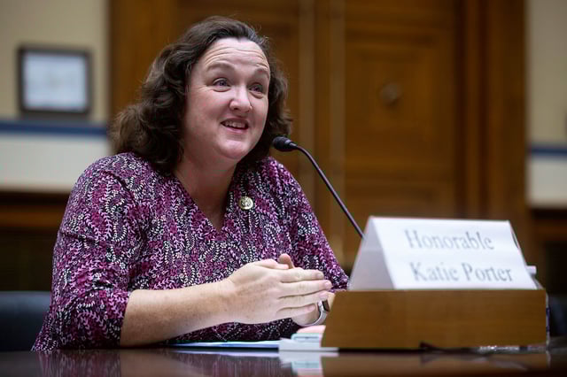 Rep. Katie Porter (D-Calif.) testifies during a House Oversight and Accountability Committee member day hearing on Capitol Hill Dec. 11, 2023. (Francis Chung/POLITICO via AP Images)