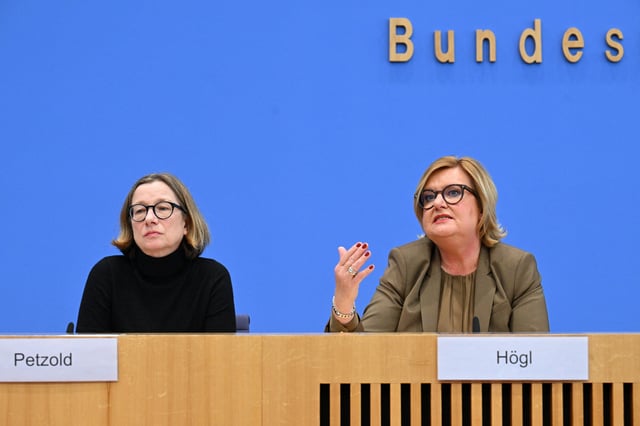 Parliamentary Commissioner for the Armed Forces of Germany Eva Hoegl and Bettina Petzold, senior official of the Parliamentary Commissioner for the Armed Forces of Germany attend a news conference to present the annual “Wehrbeauftragte” report 2024 in Berlin, Germany March 11, 2025. REUTERS/Annegret Hilse
