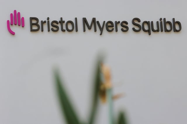 A sign stands outside a Bristol Myers Squibb facility in Cambridge, Massachusetts, U.S., May 20, 2021.    REUTERS/Brian Snyder