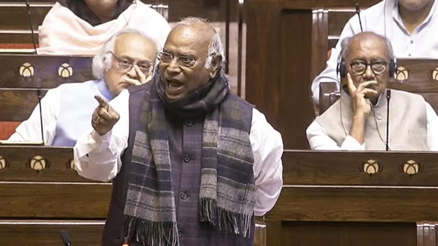 Leader of Opposition in Rajya Sabha, Mallikarjun Kharge, speaks in the House on Tuesday. (Sansad TV)
