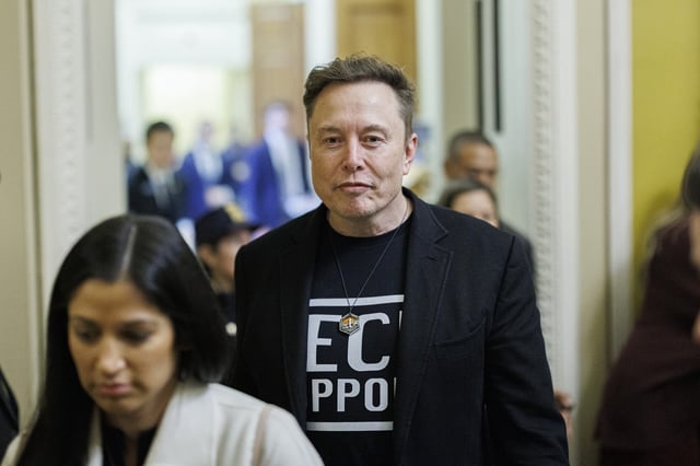 Elon Musk, Chief Executive Officer, Tesla, SpaceX and X (previously known as Twitter) departs a meeting with Senate Republicans outside the Senate Chamber of the Capitol Building in Washington, DC on Wednesday March 5, 2025.