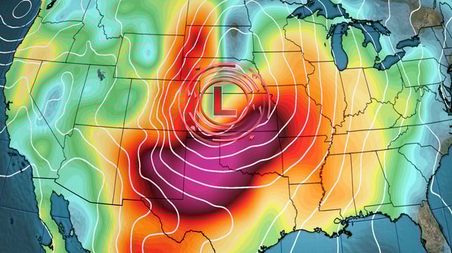 Strong wind gusts (oranges, reds and purples) will impact much of the central US later this week as a powerful coast-to-coast storm (denoted by the red L) tracks through the area.