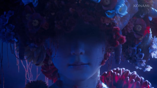 The face of a woman with flowers growing out of her skin and scalp in a teaser for Silent Hill f.