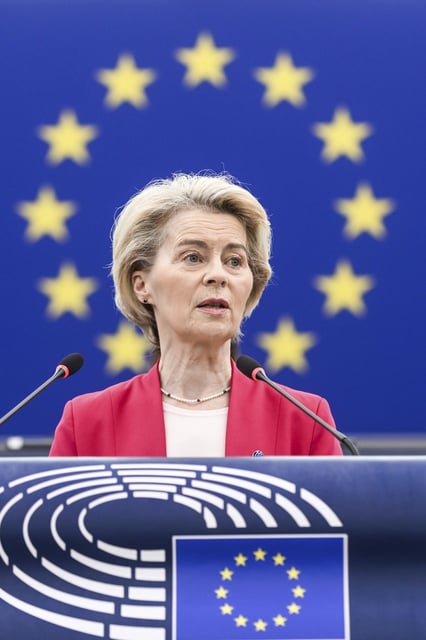 European Commission president Ursula von der Leyen addresses European Parliament members on new plans to ramp up defense spending agreed at last week's summit, Tuesday, March 11, 2025 at the European Parliament in Strasbourg, eastern France. (AP Photo/Pascal Bastien)
