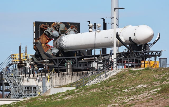 A Terran 1 rocket in the Transporter Erector at Launch Complex 16 —during a tour of Relativity Space at Cape Canaveral Space Force Station on Tuesday, Dec. 6, 2022. (Ricardo Ramirez Buxeda/Orlando Sentinel)