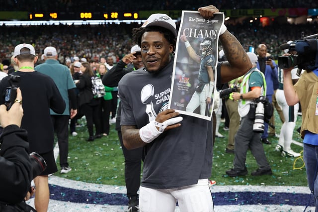 Feb 9, 2025; New Orleans, LA, USA; Philadelphia Eagles safety C.J. Gardner-Johnson celebrates on the field after Super Bowl LIX against the Kansas City Chiefs at Caesars Superdome. Mandatory Credit: Geoff Burke-Imagn Images/File Photo