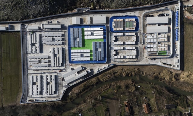 FILE - An aerial view of the Gjader migrant camp at Lezhë region, Albania, Saturday, Feb. 1, 2025. (AP Photo/Vlasov Sulaj, File)