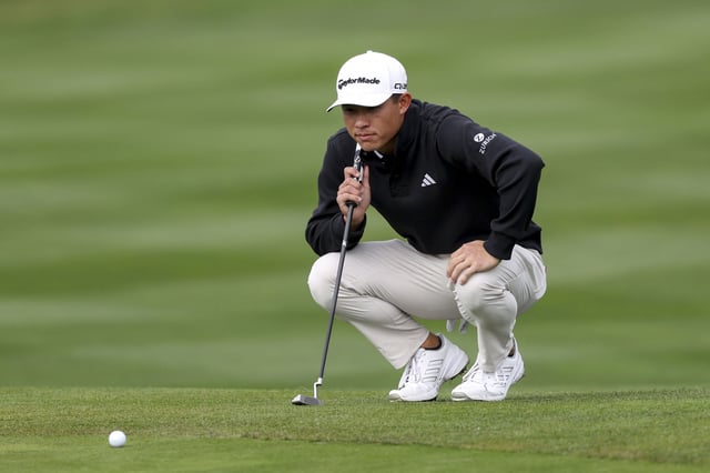 Feb 1, 2025; Pebble Beach, California, USA; Collin Morikawa lines up his putt on the fourth hole during the third round of the AT&T Pebble Beach Pro-Am golf tournament at Pebble Beach Golf Links. Mandatory Credit: Kiyoshi Mio-Imagn Images/File Photo