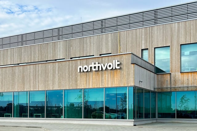 A logo is displayed on battery maker Northvolt's energy storage system plant in Gdansk, Poland,  October 21, 2024. REUTERS/Marie Mannes/File photo
