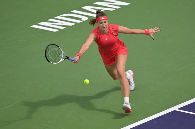 Mar 11, 2025; Indian Wells, CA, USA; Karolina Muchova (CZE) reaches for the ball during her fourth round match against Iga Swiatek (not pictured) in the BNP Paribas Open the at Indian Well Tennis Garden. Mandatory Credit: Jayne Kamin-Oncea-Imagn Images