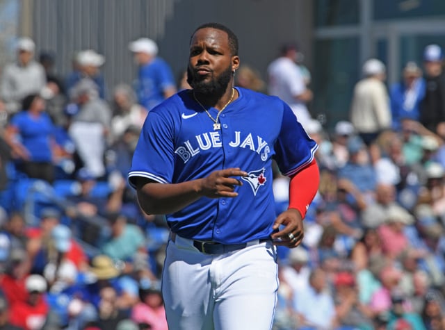 DUNEDIN, FLORIDA - MARCH 6: Vladimir Guerrero Jr. #27 of the Toronto Blue Jays looks on during a spring training game against the Boston Red Sox at TD Ballpark on March 6, 2025 in Dunedin, Florida.