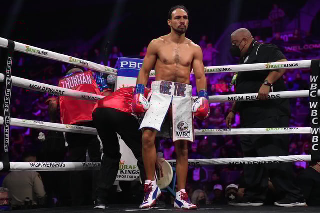 Keith Thurman waits for the second round bell against Mario Barrios during a welterweight bout at Michelob ULTRA Arena on February 05, 2022 in Las Vegas, Nevada.