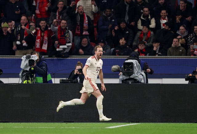Soccer Football - Champions League - Round of 16 - Second Leg - Bayer Leverkusen v Bayern Munich - BayArena, Leverkusen, Germany - March 11, 2025 Bayern Munich's Harry Kane celebrates scoring their first goal REUTERS/Wolfgang Rattay