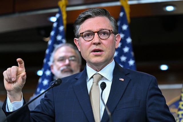 House Speaker Mike Johnson speaks during a news conference on Capitol Hill in Washington, DC, March 11.