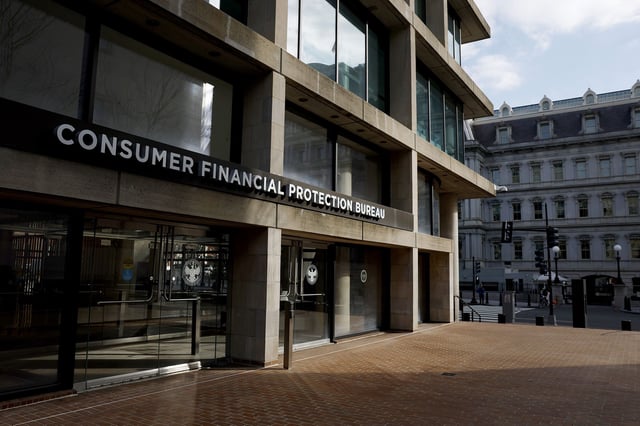 The exterior of the Consumer Financial Protection Bureau headquarters is seen on February 10, 2025, in Washington, DC.