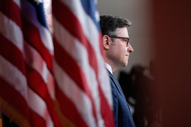 U.S. House of Representatives Speaker Mike Johnson (R-LA) faces a press conference ahead of a potential budget vote at the U.S. Capitol in Washington, D.C., U.S., March 11, 2025.