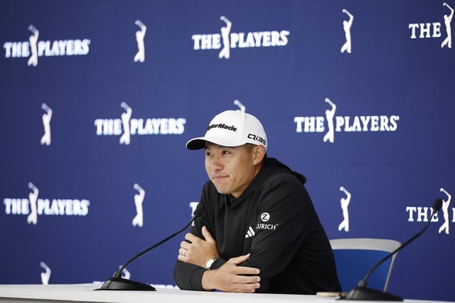 Collin Morikawa of the United States speaks to the media prior to THE PLAYERS Championship 2025 at TPC Sawgrass on March 11, 2025 in Ponte Vedra Beach, Florida.