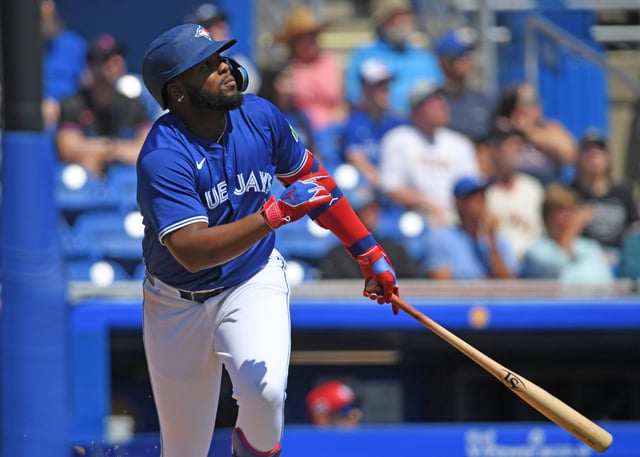 DUNEDIN, FLORIDA - MARCH 11: Vladimir Guerrero Jr. #27 of the Toronto Blue Jays bats during a spring training game against the Minnesota Twins at TD Ballpark on March 11, 2025 in Dunedin, Florida.