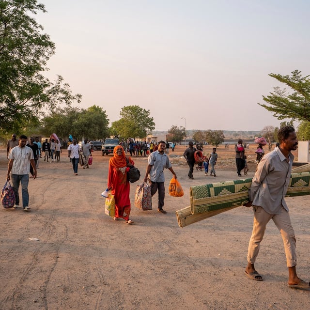 Sudanese nationals carrying their belongings arrive at the South Sudan People's Defense Forces (SSPDF) headquarters after a night of violence in Juba, South Sudan, on Friday, Jan. 17, 2025. (AP Photo/Florence Miettaux)