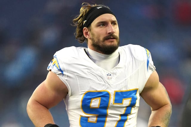 Los Angeles Chargers linebacker Joey Bosa (97) after an NFL football game against the New England Patriots, Saturday, Dec. 28, 2024 in Foxborough, Mass. The Chargers defeated the Patriots 40-7. (AP Photo/Vera Nieuwenhuis)