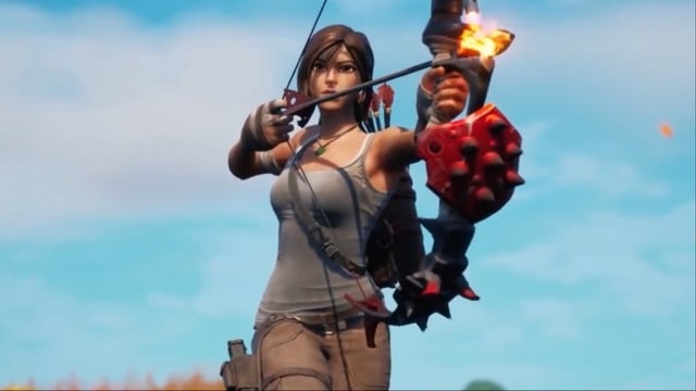 A screenshot featuring Lara Croft skin in Fortnite.