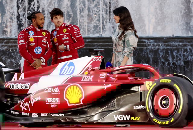 Formula One F1 - Ferrari presents new driving pairing Lewis Hamilton and Charles Leclerc to the public - Milan, Italy - March 6, 2025 Ferrari's Lewis Hamilton and Charles Leclerc during the presentation REUTERS/Claudia Greco/File Photo