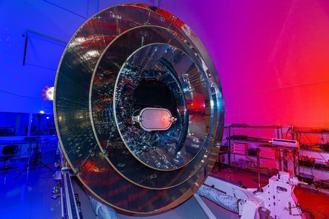 A semi-frontal view of the SPHEREx observatory is seen during integration and testing at BAE Systems in Boulder, Colorado, U.S., in this handout photo obtained by Reuters on February 24, 2025. NASA/JPL-Caltech/Handout via REUTERS    THIS IMAGE HAS BEEN SUPPLIED BY A THIRD PARTY