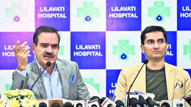 Mumbai, India. Mar 10, 2025: Param Bir Singh, Executive Director of Lilavati Hospital (left), and Prashant Mehta, Permanent Trustee of Lilavati Hospital (Right), held a press conference at Lilavati Hospital in Bandra regarding a 1200 crore scam involving the former trustee. Mumbai, India. Mar 10, 2025. (Photo by Raju Shinde/HT Photo) (Hindustan Times)
