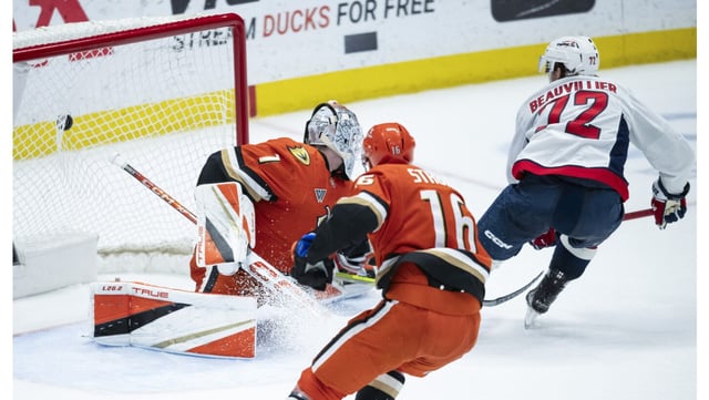 Washington Capitals left wing Anthony Beauvillier, right, scores past Ducks goaltender Lukas Dostal during the third period on Tuesday night at Honda Center. Washington scored three goals in the final 6:35 for a 7-4 win. (AP Photo/Kyusung Gong)