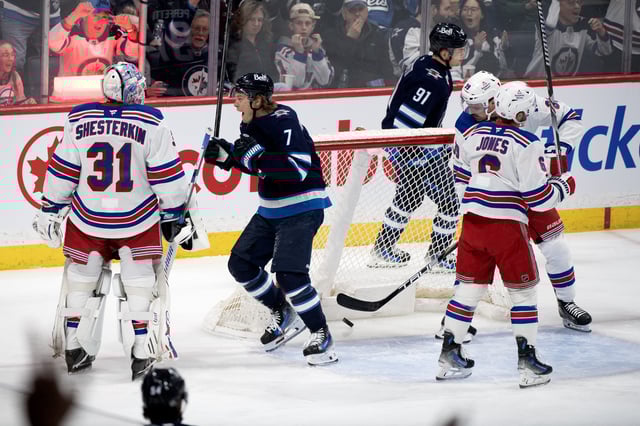 Winnipeg Jets' Vladislav Namestnikov (7) celebrates his goal on New York Rangers goaltender Igor Shesterkin (31) during the first period of their NHL hockey game in Winnipeg, Tuesday March 11, 2025. THE CANADIAN PRESS/Fred Greenslade
