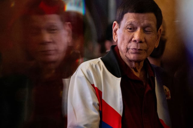 Former Philippine president Rodrigo Duterte delivers a speech during the proclamation rally for his political party at Club Filipino in San Juan, Metro Manila, Philippines on February 13, 2025.