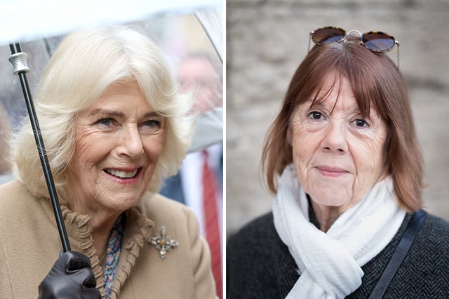 Queen Camilla smiles during a visit to The Beaney House of Art &amp; Knowledge, in Canterbury, England, on February 25, 2025, while Gisèle Pelicot poses for a portrait, in Avignon, France, on December 17, 2024.