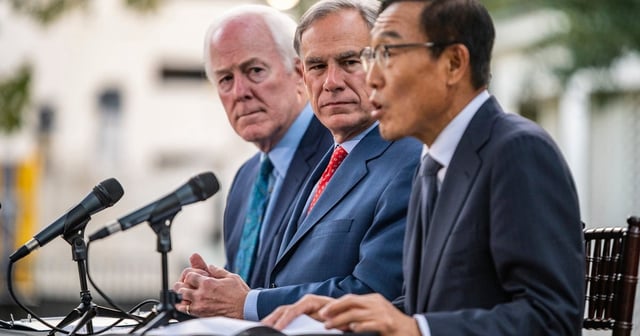 From left: U.S. Sen. John Cornyn, R-Texas, and Gov. Greg Abbott look on as then-Samsung co-CEO and Vice Chairman Ki Nam Kim speaks at an economic announcement at the Texas Governor's Mansion on Nov. 23, 2021, in Austin. Greg Abbott was joined by John Cornyn and Samsung's Ki Nam Kim to announce a new $17 billion chip plant in Taylor, the third such plant in the area.