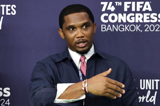 President of the Cameroonian Football Federation and former professional footballer Samuel Eto'o speaks on the day of the 74th FIFA Congress at the Queen Sirikit National Convention Center, in Bangkok, Thailand, May 17, 2024. REUTERS/Athit Perawongmetha/ File Photo