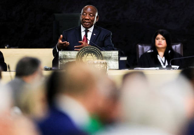 South African President Cyril Ramaphosa answers lawmakers' questions at the parliament in Cape Town, South Africa, March 11, 2025. REUTERS/Esa Alexander