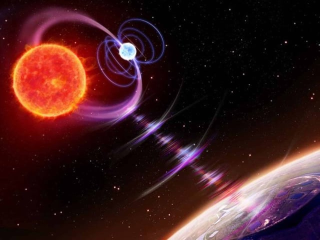 Artistic illustration showing the radio pulses emitted by the binary star system: a white dwarf in orbit around a red dwarf. Credit Daniëlle Futselaar/artsource.nl