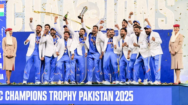 Dubai, Mar 10 (ANI): Indian players celebrate with the trophy after winning the ICC Champions Trophy 2025 final match against New Zealand, at Dubai International Cricket Stadium in Dubai on Sunday. (ANI Photo)