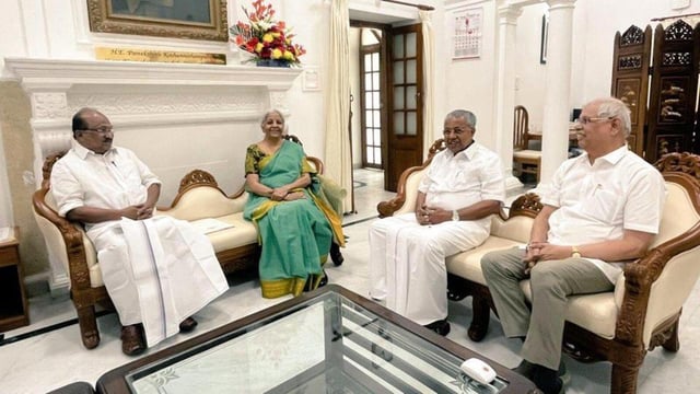 Kerala Governor Rajendra Arlekar and chief minister Pinarayi Vijayan during a meeting with Union finance minister Nirmala Sitharaman at the Kerala House in Delhi on Wednesday.
