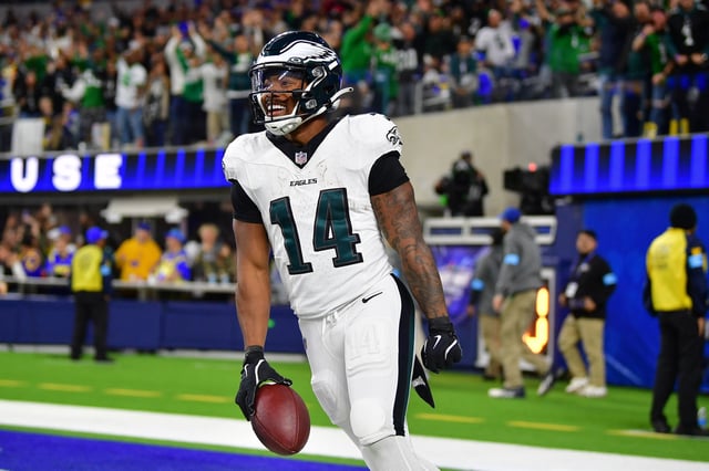 Nov 24, 2024; Inglewood, California, USA; Philadelphia Eagles running back Kenneth Gainwell (14) celebrates his touchdown scored against the Los Angeles Rams during the second half at SoFi Stadium. Mandatory Credit: Gary A. Vasquez-Imagn Images/ File Photo