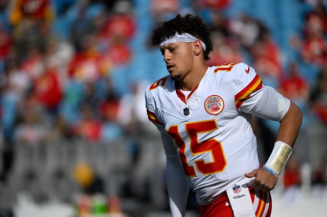Nov 24, 2024; Charlotte, North Carolina, USA; Kansas City Chiefs quarterback Patrick Mahomes (15) before the game at Bank of America Stadium. Mandatory Credit: Bob Donnan-Imagn Images/ File Photo