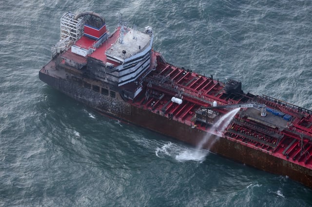 A view of a damaged hull of Stena Immaculate oil tanker ship after it collided with a cargo ship off the northeastern coast of England, Britain, March 11, 2025. REUTERS/Phil Noble