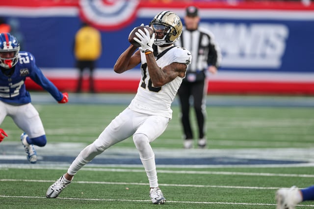 Dec 8, 2024; East Rutherford, New Jersey, USA; New Orleans Saints wide receiver Marquez Valdes-Scantling (10) makes a catch during the second half against the New York Giants at MetLife Stadium. Mandatory Credit: Vincent Carchietta-Imagn Images/File Photo