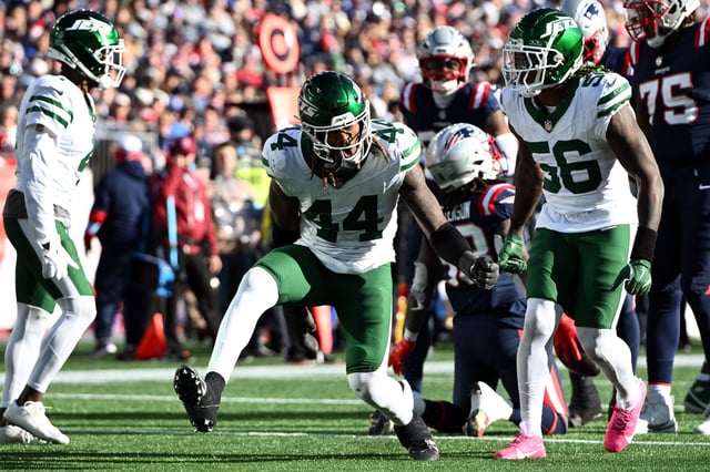 Oct 27, 2024; Foxborough, Massachusetts, USA; New York Jets linebacker Jamien Sherwood (44) reacts after breaking up a pass against the New England Patriots during the second half at Gillette Stadium. Mandatory Credit: Brian Fluharty-Imagn Images/File Photo