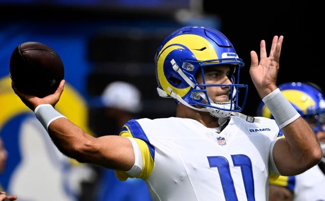 Rams quarterback Jimmy Garoppolo throws prior to the Rams game against the San Francisco 49ers at SoFi Stadium in Inglewood on Sunday, Sept. 22, 2024. (Photo by Keith Birmingham, Orange County Register/ SCNG)
